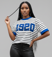 Load image into Gallery viewer, Pre Order 1920 Chenille Pinstripe Zeta Shirt with Blue Trim