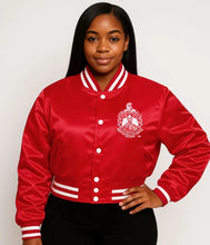 Load image into Gallery viewer, DST Greek Apparel Cropped Satin Varsity Jacket