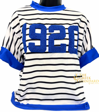 Load image into Gallery viewer, Pre Order 1920 Chenille Pinstripe Zeta Shirt with Blue Trim