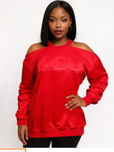Load image into Gallery viewer, DST Red Cold-Shoulder Sweatshirt 3D Puffy Embossed