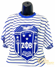 Load image into Gallery viewer, Pre-Order Zeta Phi Beta Blue & White Striped Tee w/ Shield
