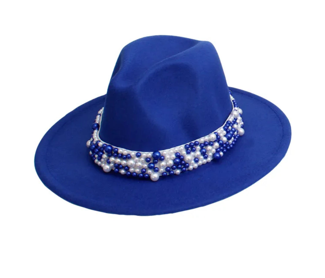 Blue Fedora Pearl Band Hat for Women