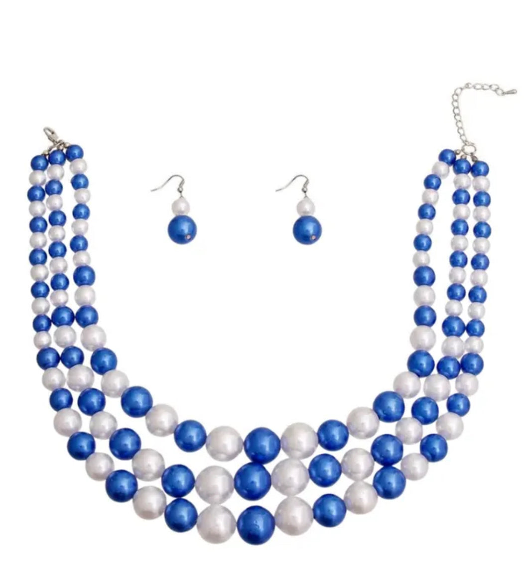 Blue and White Pearl 3 Layer ZPB Necklace Silver Set