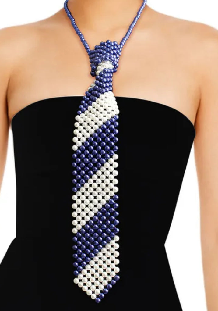 Royal Blue White Pearl Stripe Tie Choker