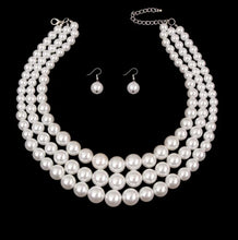 Load image into Gallery viewer, White Pearl 3-Strand Rhodium-Plated Layered Necklace Set
