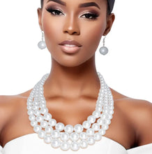 Load image into Gallery viewer, White Pearl 3-Strand Rhodium-Plated Layered Necklace Set
