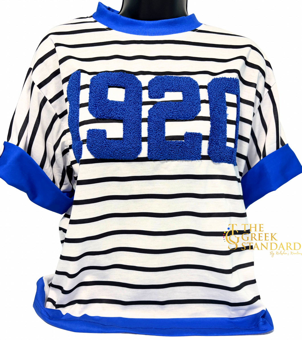 1920 Chenille Pinstripe Zeta Shirt with Blue Trim