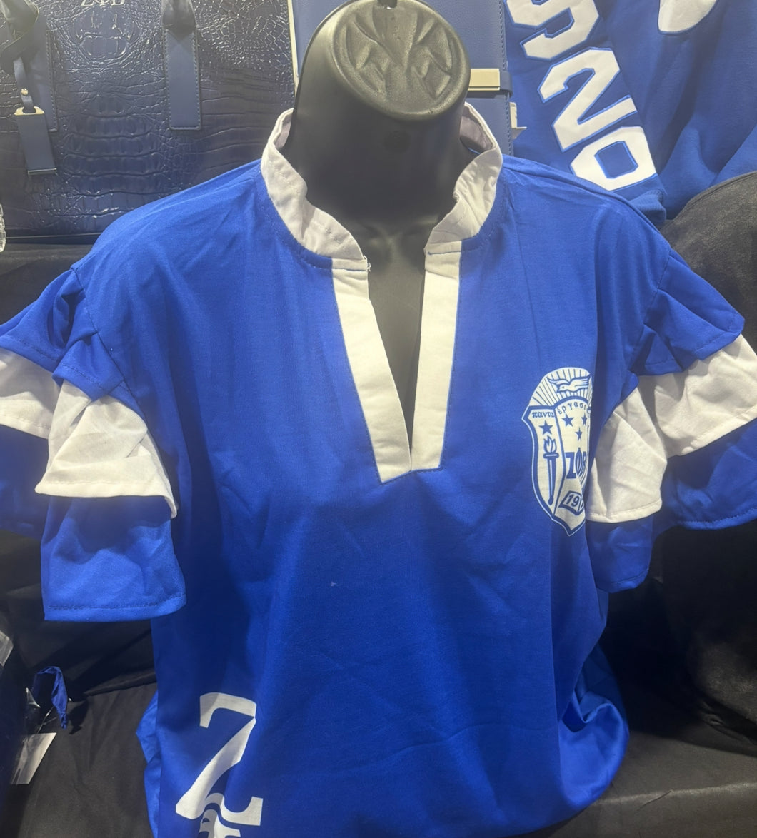 Royal Blue & White Flare Sleeve Blouse with Shield