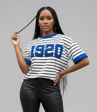 Load image into Gallery viewer, Pre Order 1920 Chenille Pinstripe Zeta Shirt with Blue Trim
